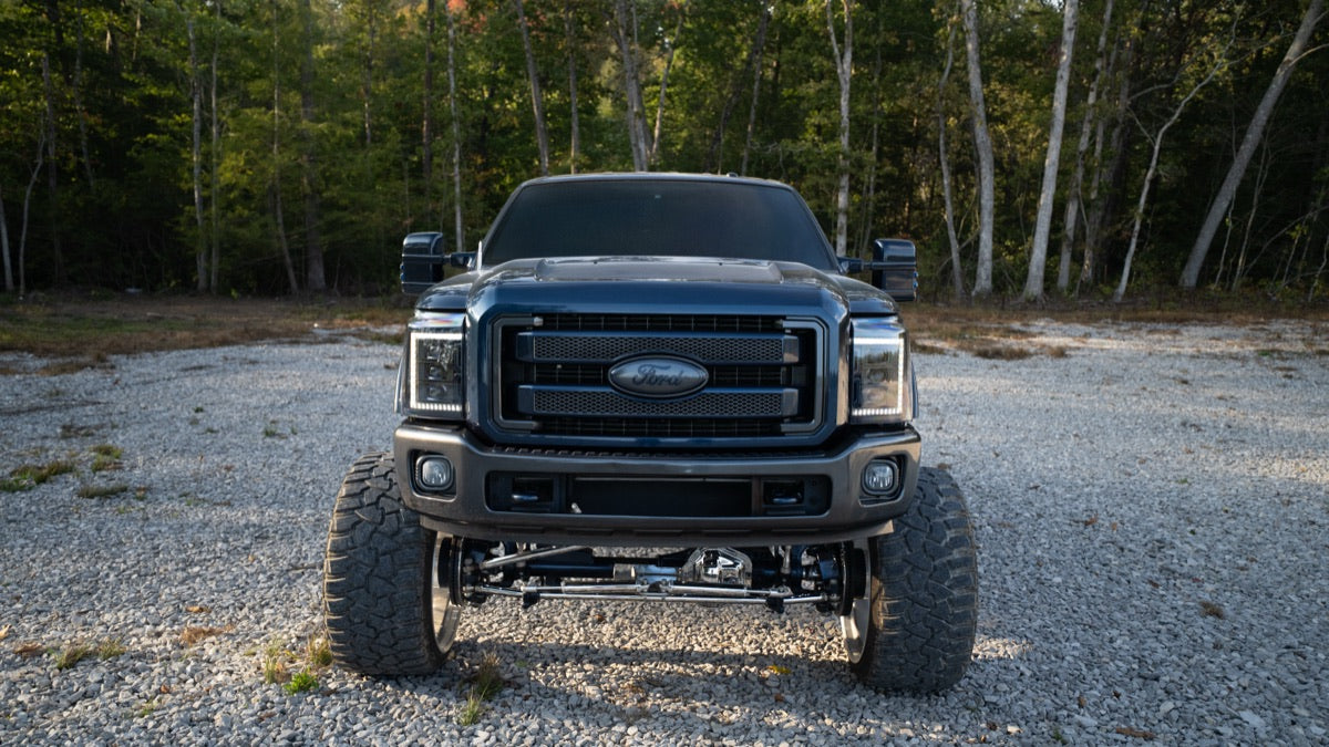 Head-on view of Blue Collar showing the lifted front end and grille