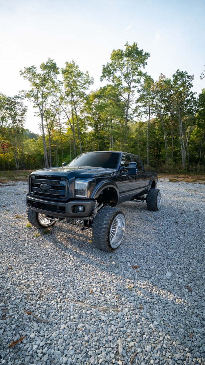 Blue Collar from the front corner showing the stance and wheel gap