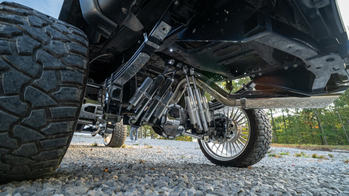 Rear suspension, shocks, and driveline from behind the rear tire
